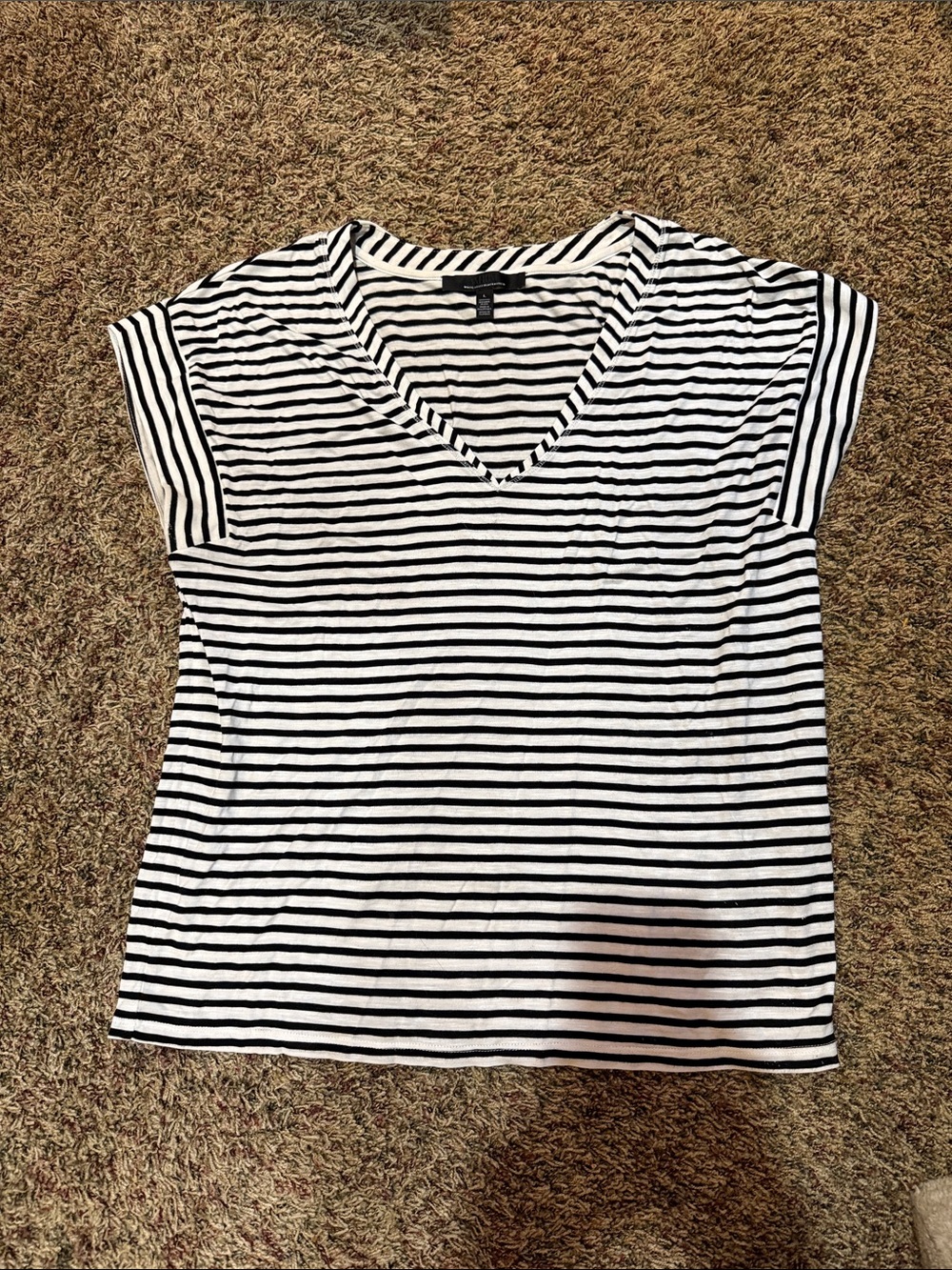 White House Black Market Black & White Striped V-Neck Tee